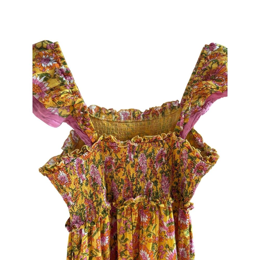 THML Women’s marigold/yellow floral dress, smocked bodice, pockets, ruffle, M - Picture 3 of 6